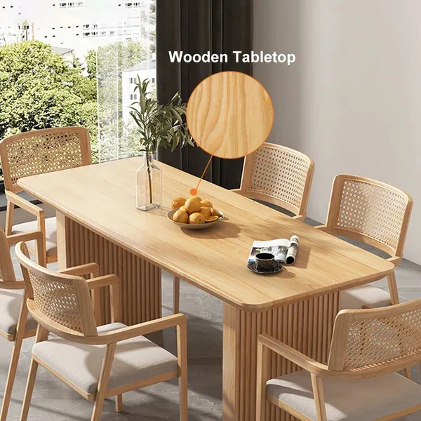Rectangular Dining Table Natural Solid Wood Table Ribbed Legs – OVeee
