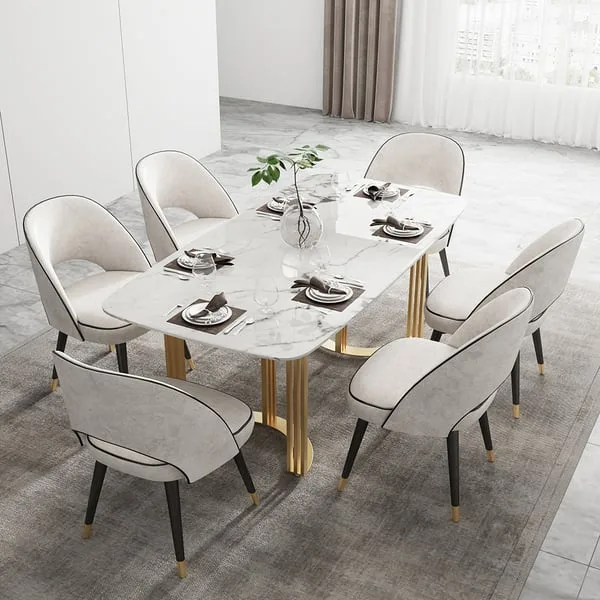 Sintered Stone Dining Table White Rectangular Top Gold Steel Base – OVeee